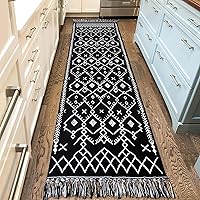 Kitchen Hallway Runner Rug -2'x8' Boho Black White Entryway Runner Rugs for Halloween Decor/Fall Decor, Woven Indoor Outdoor Carpet Rugs, Washable Rag Rug for Bedroom/Bathroom/Laundry Room