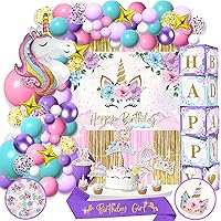 245 Pieces RainMeadow Unicorn Birthday Decorations for Girls Kit, All-in-1 Party Supplies Pack With Balloon Garland, Fringe Curtains, Foil Balloons, Backdrop, Crown, Sash - Pink, Purple, Teal, Gold