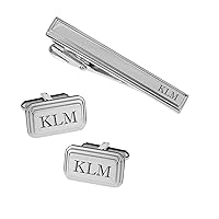 Personalized High Polished Silver Beveled Stainless Steel Cufflinks & Tie Clip Set Engraved Free - Ships from USA