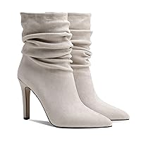 MOOMMO Women Pointed Toe Stiletto Ankle Boots Suede Leather Pleated 4 Inch High Heel Booties Pull On Elegant Casual Retro Short Boots For Office Ladies Dress Work Date 4-11 M US