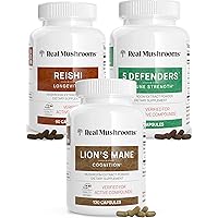 Real Mushrooms Lions Mane (120ct), Reishi (90ct), 5 Defenders (90ct) Capsules Bundle - Mushroom Supplement for Cognition, Longevity, Relaxation & Immune Strength - Vegan, Non-GMO