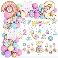 145Pcs Two Sweet Birthday Decorations, Donut Birthday Party Supplies for Girls Two Sweet Banner Donut Balloon Garland Kit Cake Topper Swirls for Ice Cream Baby Second 2nd Birthday Party Decor