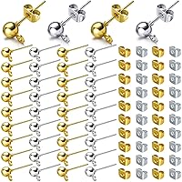 PAGOW 180 Ball Post Earring Studs with 200 Butterfly Earring Backs, Round Ball Ear Pin with Loop, Earrings Supplies Earring Backs & Findings Earrings Supplies for DIY Jewelry Earring Making