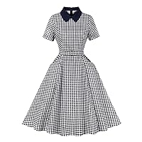 Women's Lapel Plaid Retro 1950s Swing Dress with Pockets Short Sleeve Belted High Waist 60s A-Line Cocktail Dresses