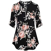 Womens Floral 3/4 Sleeve Shirts Zip up V Neck Work Chiffon Blouses Top