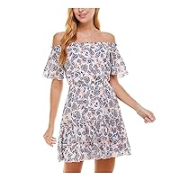 Womens Pink Stretch Ruffled Sheer Lined Paisley Short Sleeve Off Shoulder Mini Fit + Flare Dress Juniors XS