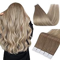 Fshine Tape in Human Hair Extensions 18 Inch Remy Hair Extensions Balayage Color 8 Ash Brown Fading to 60 and 18 Ash Blonde Tape in Hair Extensions 20 Pcs 50 Grams Seamless Tape in Remy Extensions