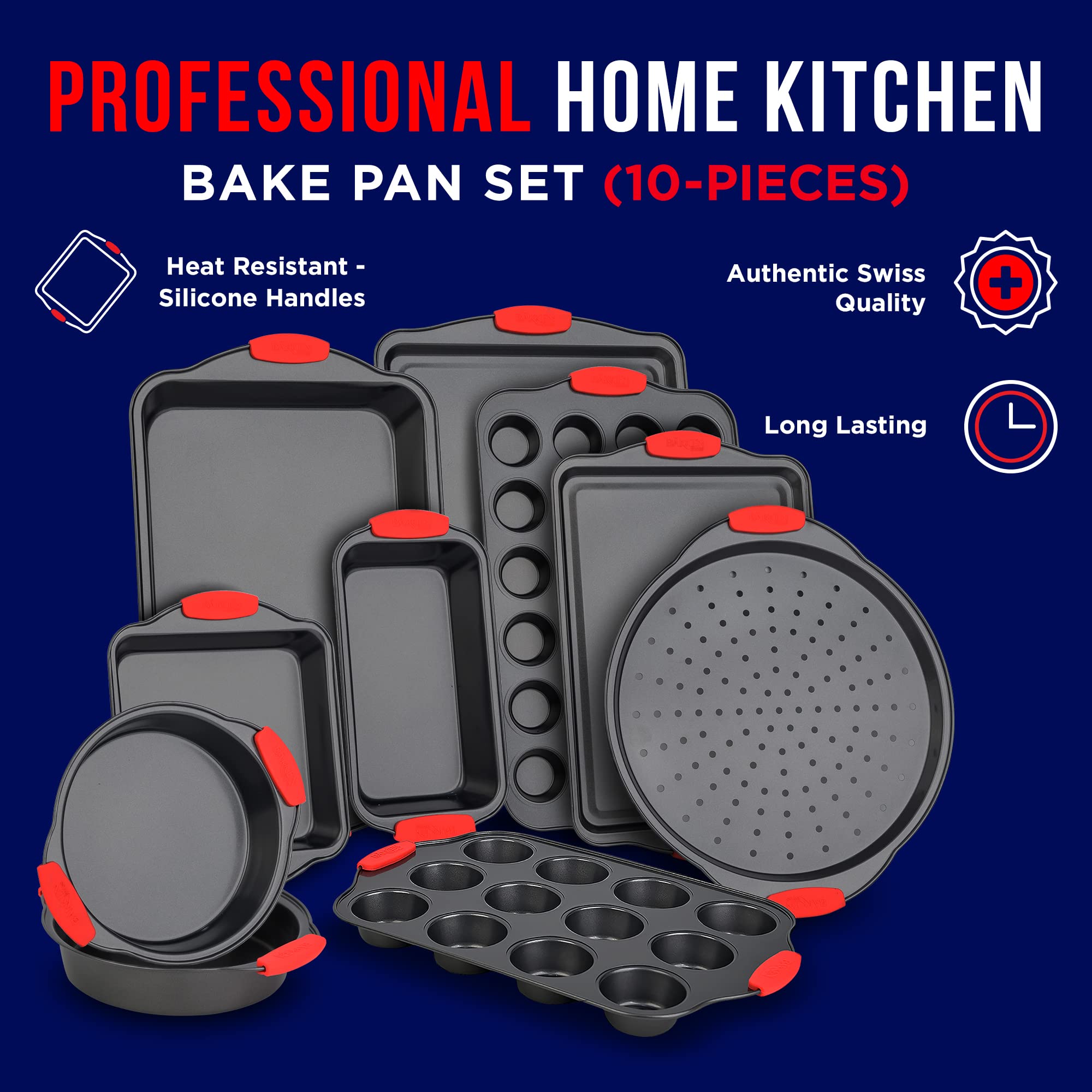 Baking Set – 10 Piece Kitchen Oven Bakeware Set – Deluxe Non-Stick Blue Coating Inside and Outside – Carbon Steel – Red Silicone Handles – PFOA PFOS and PTFE Free by Bakken