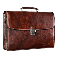 Vintage Full Grain Italian Vegetable Tanned Leather Briefcase for Men with Lock lawyer Bag Attache Case 15.6 Inch Laptop Business Work Bag Brown