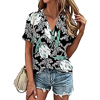 Vintage Tees for Women, Women's Summer Fashion Short Sleeve Floral Button T-Shirt Top Flower Shirts, S, XXL