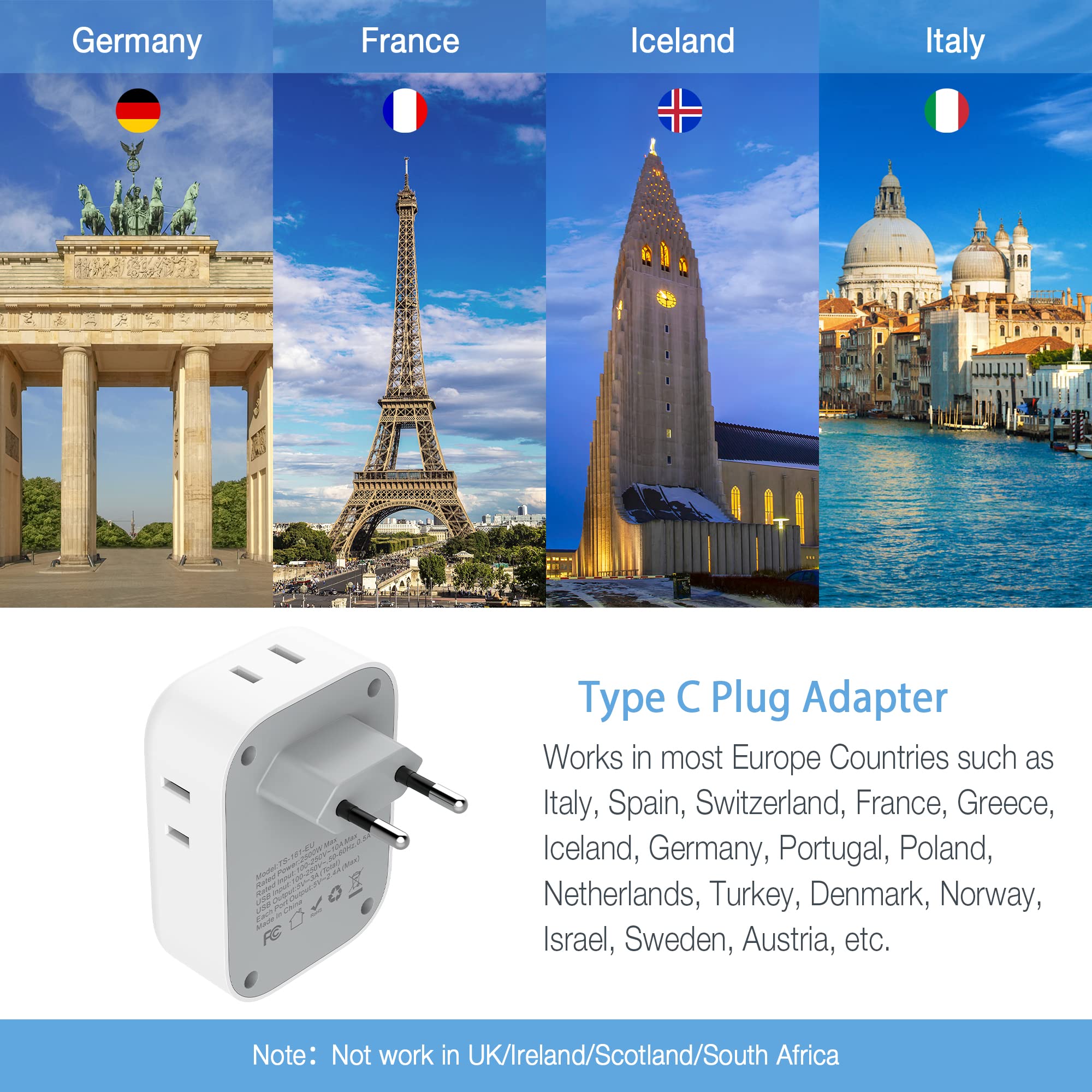 TESSAN European Travel Plug Adapter, International Power Plug with 4 AC Outlets 3 USB Ports, US to Most of Europe Euro EU Italy Spain France Iceland Germany Greece Portugal Charger Adaptor, Type C