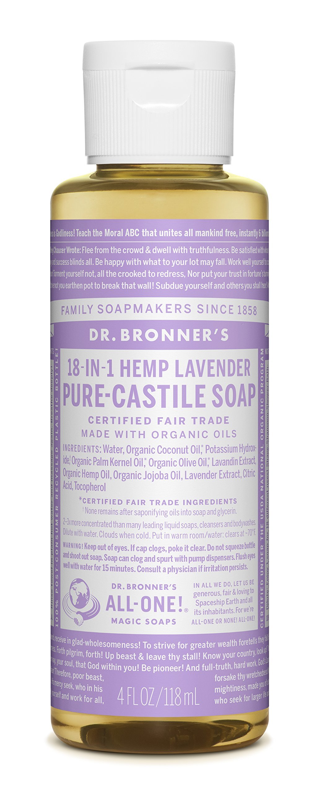 Dr. Bronner’s - Pure-Castile Liquid Soap (Lavender, 4 ounce) - Made with Organic Oils, 18-in-1 Uses: Face, Body, Hair, Laundry, Pets and Dishes, Concentrated, Vegan, Non-GMO