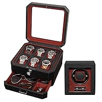 Gift Set 6 Slot Leather Watch Box with Valet Drawer & Matching Single Watch Winder - Luxury Watch Case Display Organizer, Locking Mens Jewelry Watches Holder, Men's Storage Boxes Glass Top Black/Red