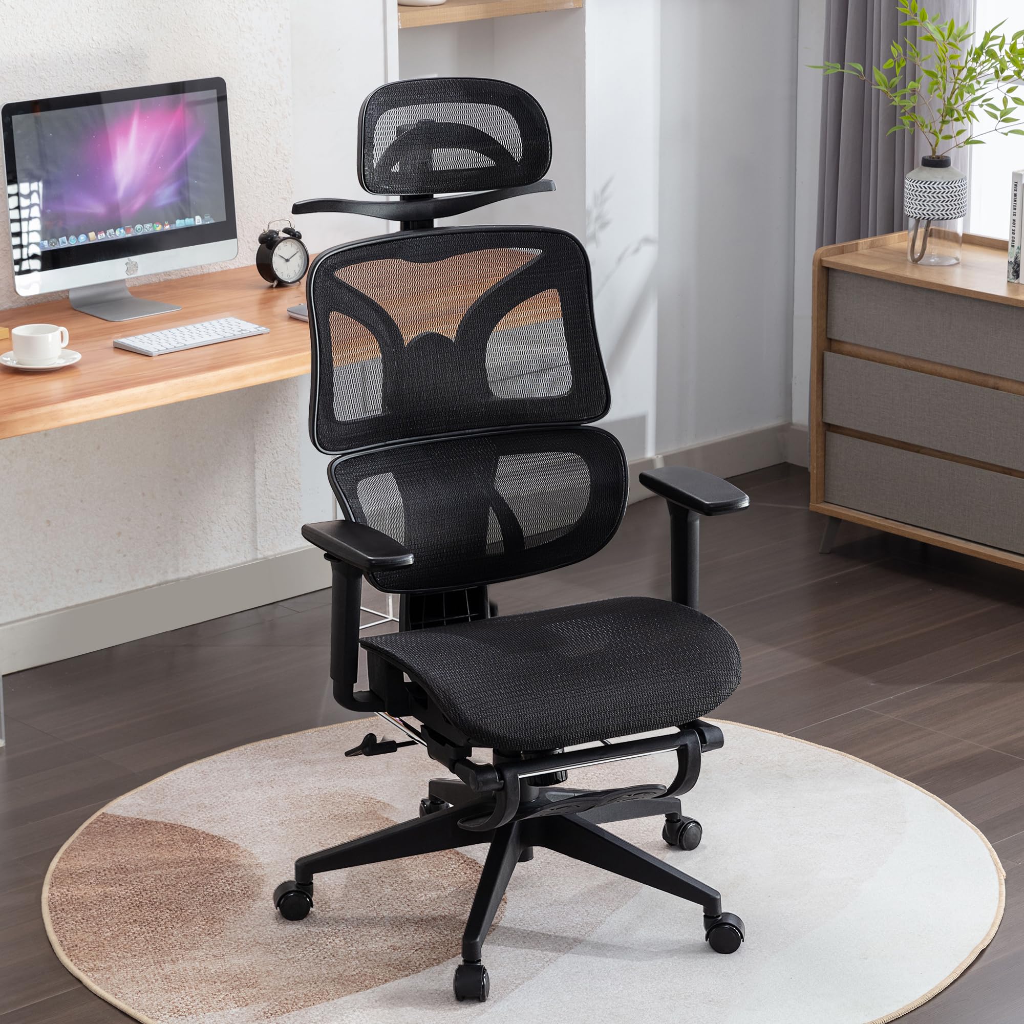 VECELO Swivel Ergonomic High Back Mesh Office Chair with Retractable Footrest, Adjustable Backrest, Tilt Function, 3D Armrests & Headrest, Lumbar Support for Executive/Computer Desk/Task Work, Black