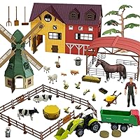 Peagprav Farm Animals Figurines Toys -140 pcs Toy Set Barn Toy Horse Stable Tractor Trailer Windmill Farmer Fence Playset for Kids Toddlers Boy Girl 3-7 Years Old