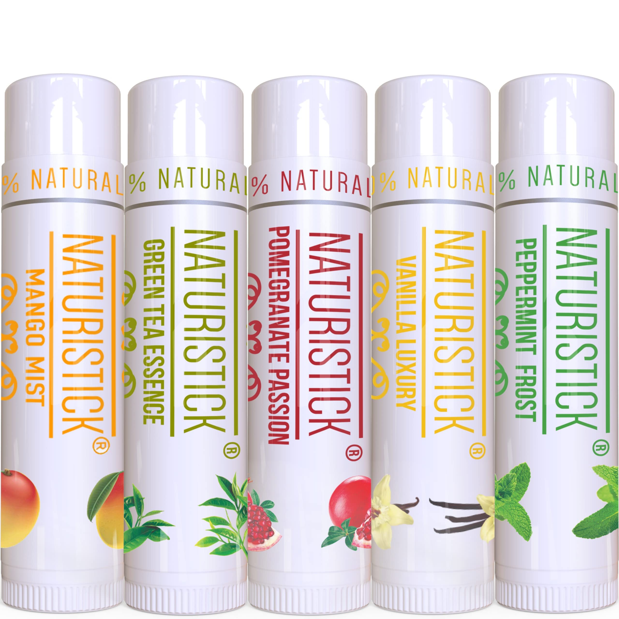 5-Pack Lip Balm Gift Set by Naturistick. Assorted Flavors. 100% Natural Ingredients. Best Beeswax Chapsticks for Dry, Chapped Lips. Made in USA for Men, Women and Children