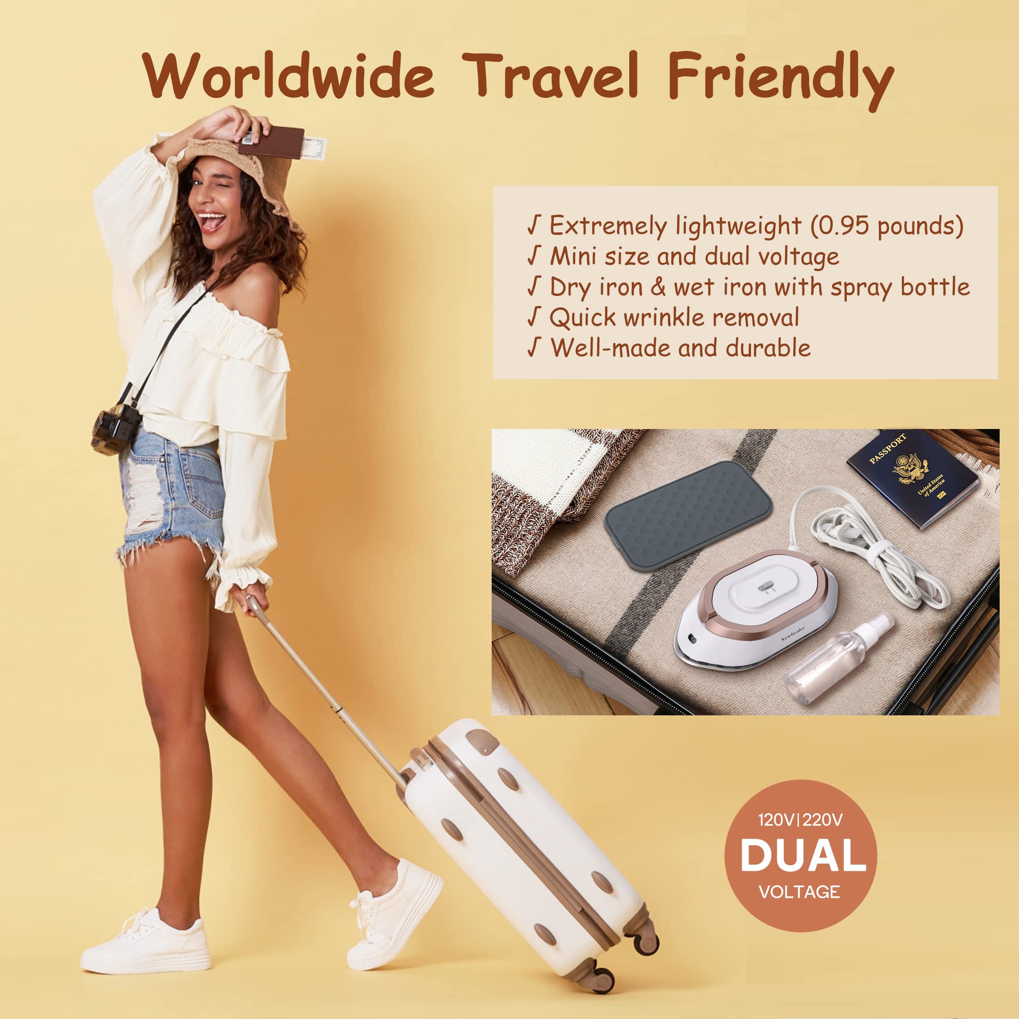 Newbealer Travel Iron bundle with Handheld Steamer for Clothes, Dry Iron and Powerful Steamer, Portable for Travel and Home Use