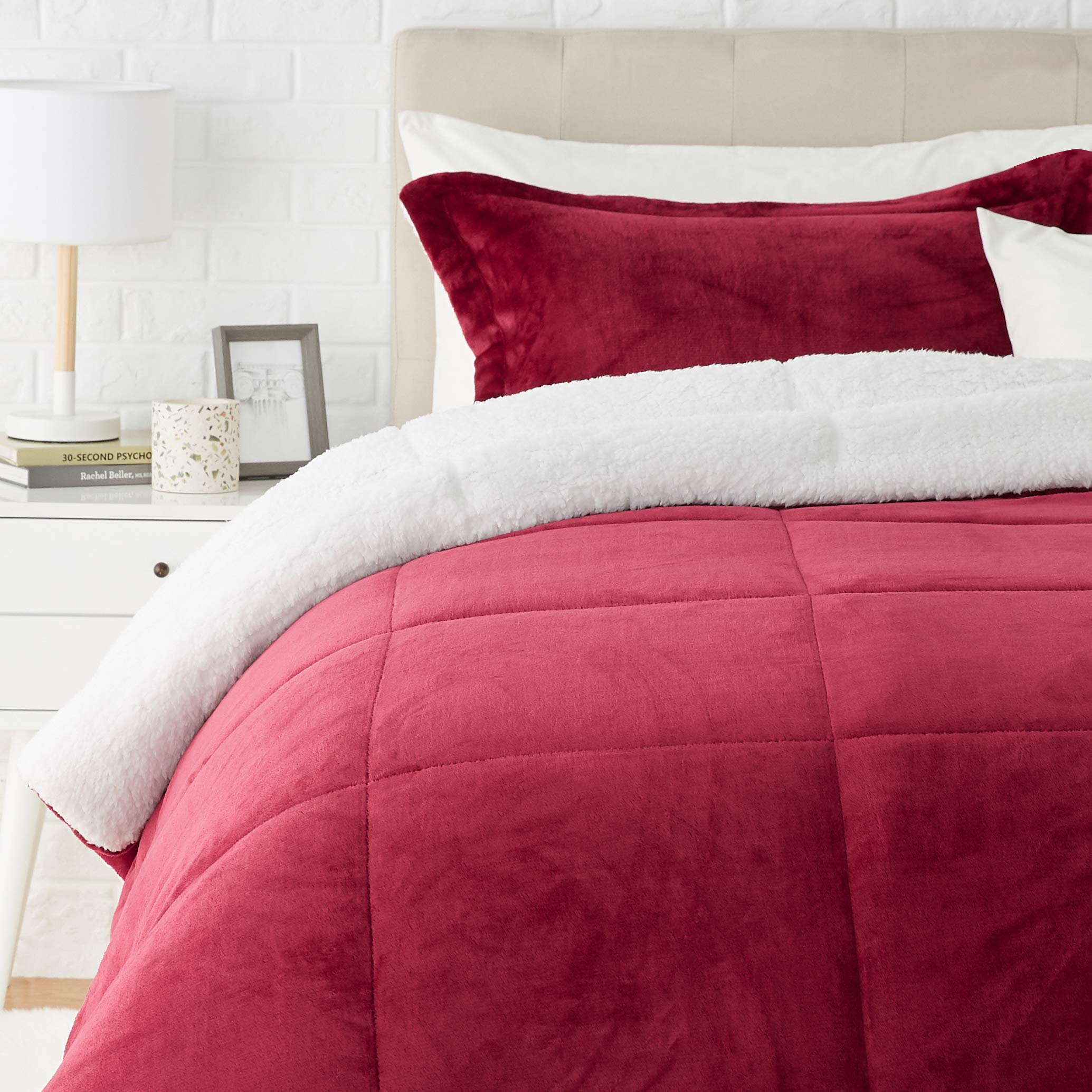 Amazon Basics Ultra-Soft Micromink Sherpa Comforter Bed Set - Burgundy, Twin