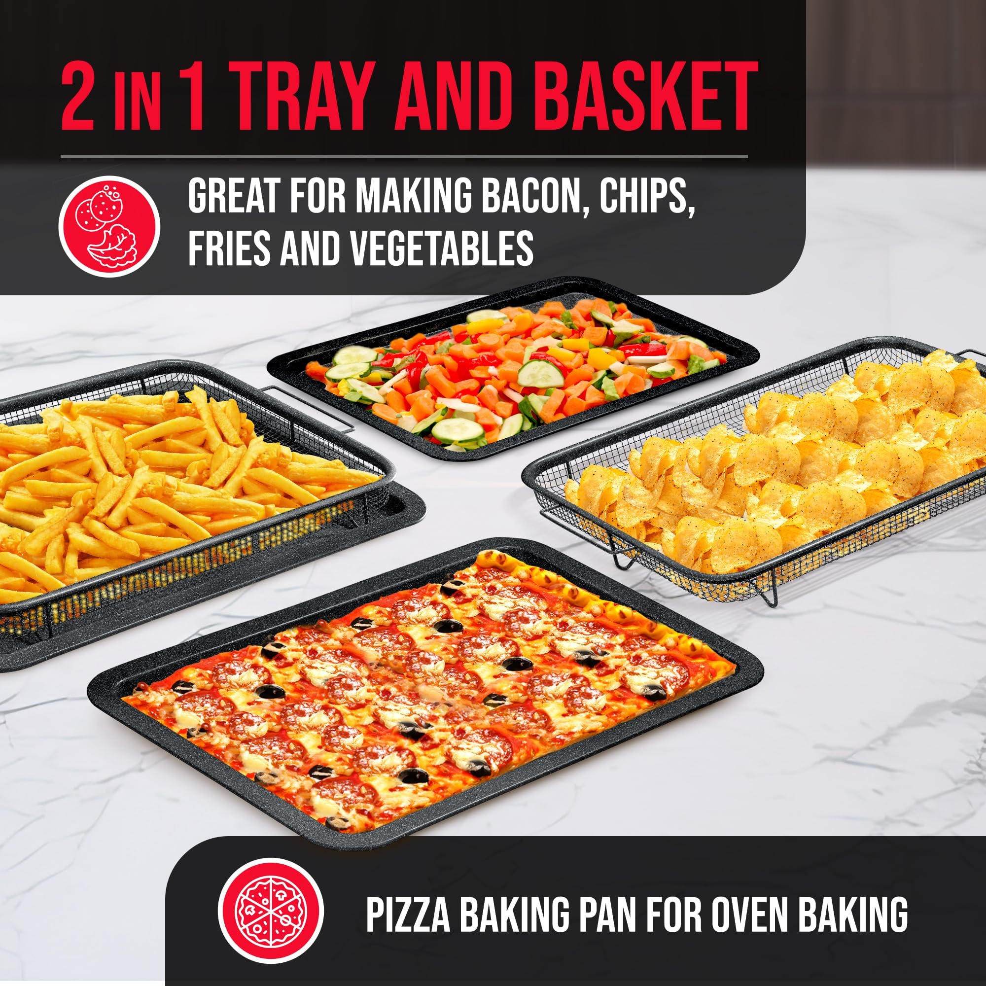 Bakken Swiss Crisper Tray - 2-Piece Set – Gray Marble, Non-Stick Basket Design for Healthier Cooking in Regular Ovens - Achieve Perfectly Crispy Chips, Bacon and More