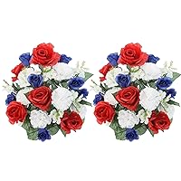 2 pcs 24 Stem Artificial Flowers Roses Carnation Mixed Bush Spring Faux Flower Indoor Wedding Home Decor, Cemetery Decorations for Grave, Red, White, Blue