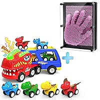 Large 3D Pin Art Sensory Toy (Pink) and 5 in 1 Friction Powered Dinosaur Toy Trucks with Flashing Light & Sound Bundle, Toddler Toys with 4 Dino Toy Cars for 1 2 3 4 5 6 7 8 Year Old Kid Boys Girls