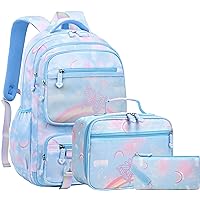 Girls Backpack for Kids 6-8 Butterfly Backpacks for Girls 8-10 1st 2nd Grade Kindergarten Preschool Elementary School Rainbow Backpack and Lunch Bag Set for Girls(Blue Set)