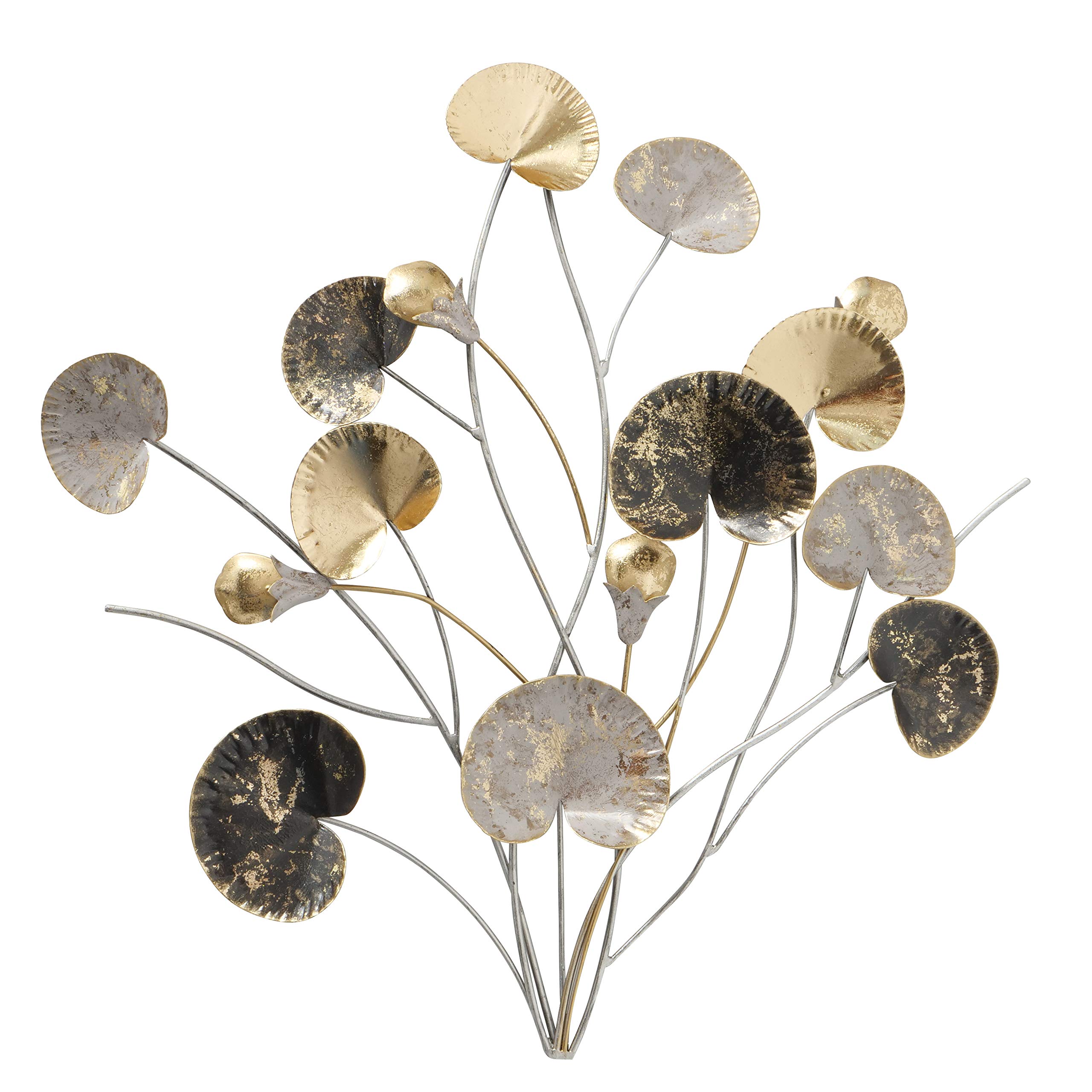 WHW Whole House Worlds Abstract Botanical Metal Wall Art, Bouquet of Blossoms, Stems and Leaves, Gold Gilt, Silver, Black and Grey Details, Rub-Thr...