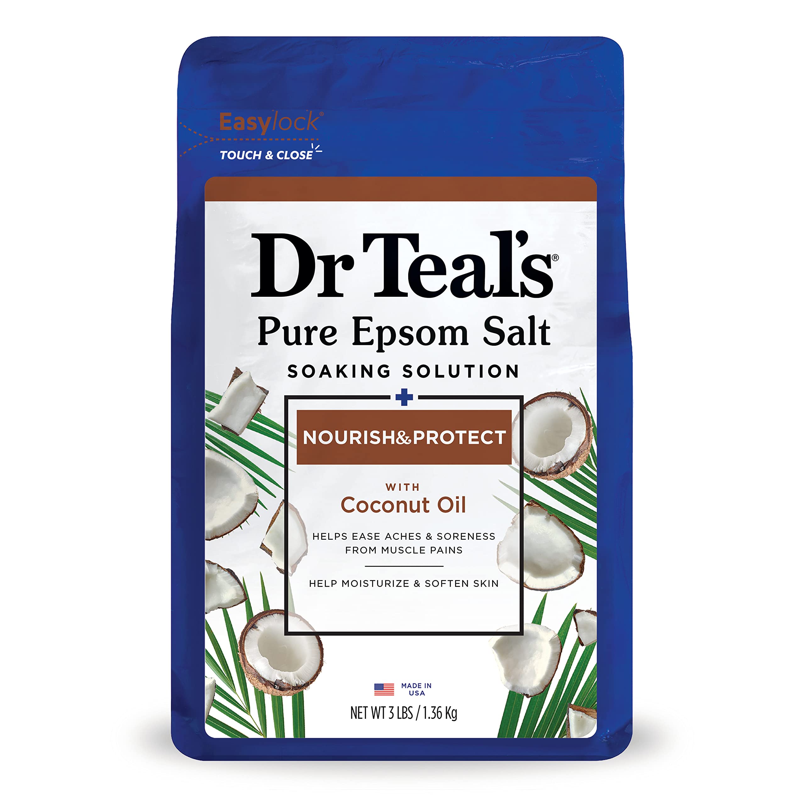 Dr Teal's Pure Epsom Salt Soak, Nourish & Protect with Coconut Oil, 3 lbs (Packaging May Vary)