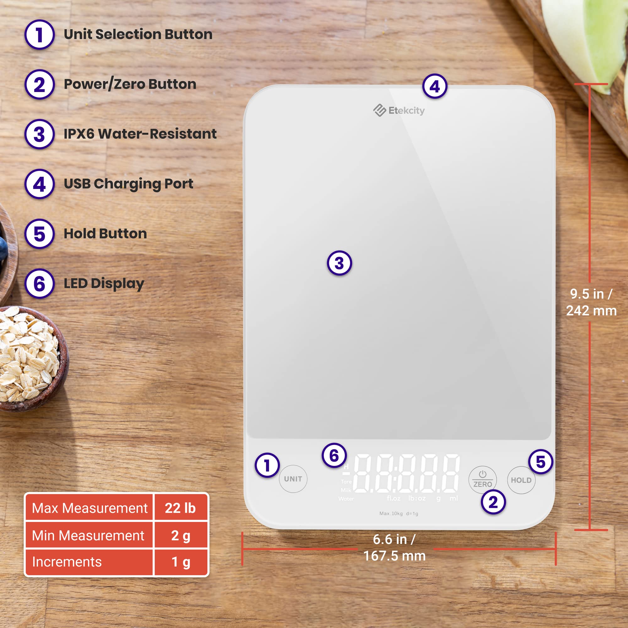 Etekcity Luminary Lite 22lb Food Kitchen Digital Scale, IPX6 Waterproof, Rechargeable, Ounces and Grams for Weight Loss, Cooking, Baking, 0.05oz/1g Precise Graduation, Silver White