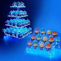3 Tier Shelf Cake Pop Stand (Blue) + 4 Tier Premium Cupcake Holder – Acrylic Cupcake Tower Display – Cady Bar Party Décor – Acrylic Display for Pastry Weddings, Birthday (Blue Light)