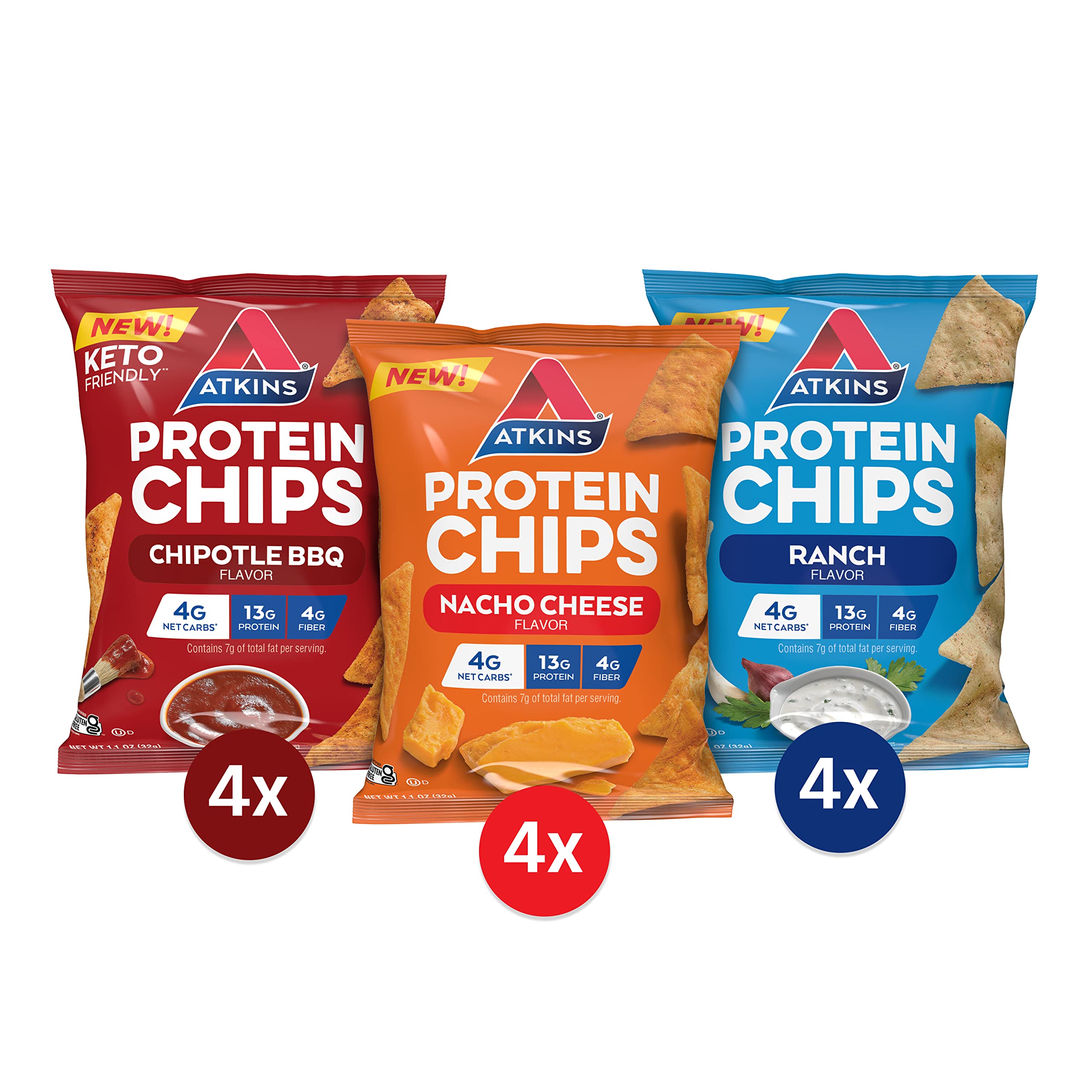 Atkins Protein Chips Variety Pack, 4g Net Carbs, 13g Protein, Gluten Free & Peanut Butter Protein Cookie, Protein Dessert, Rich in Fiber, 3g Net Carb, 1g Sugar, Keto Friendly, 4 Count