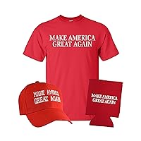 Political MAGA Bundle: Make America Great Again Baseball Cap Adult Short Sleeve Tee Shirt Beverage Insulator Red