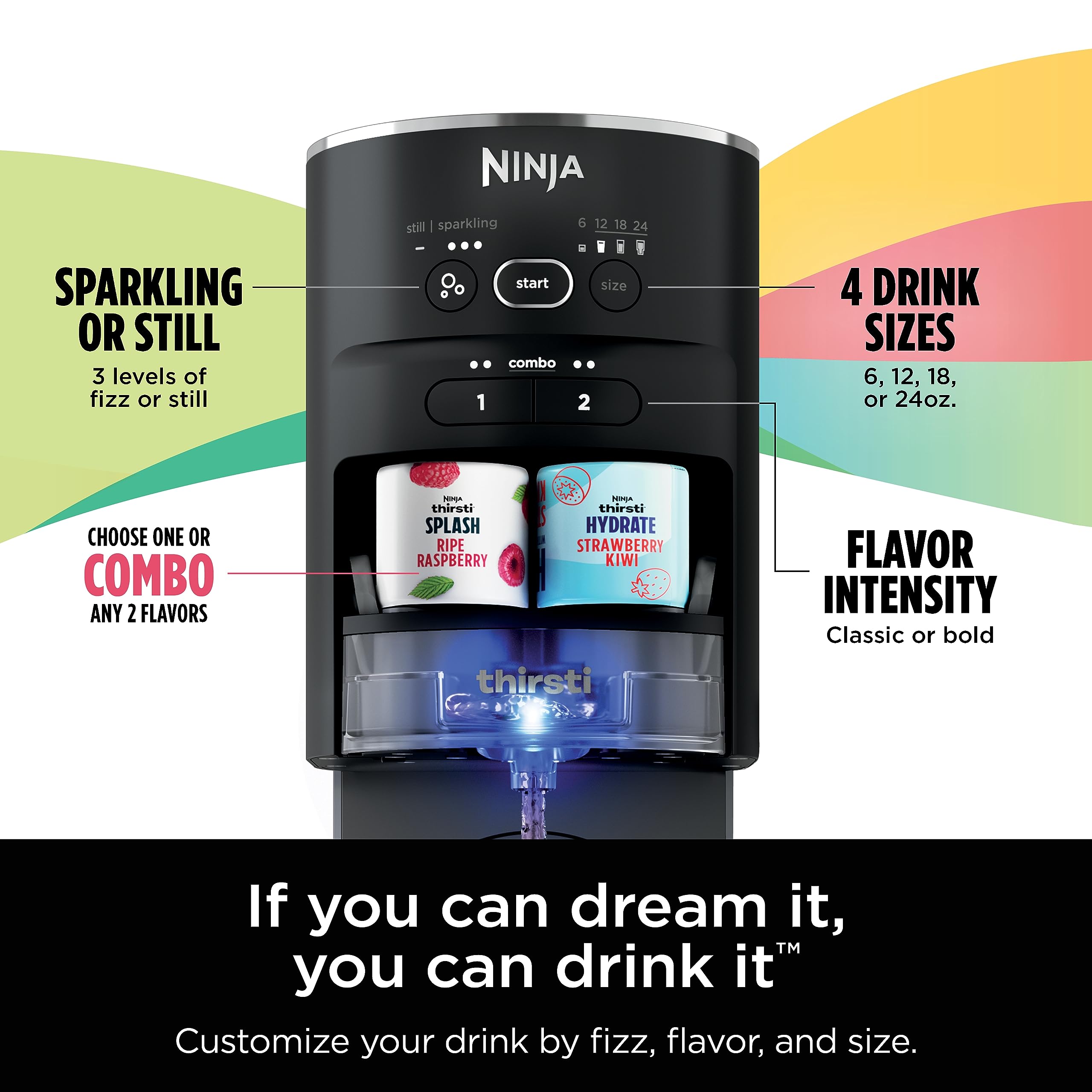 Ninja WC1001 Thirsti Drink System makes Sparkling & Still Water, 6 24-oz Sizes, Includes 60L CO2 Cylinder & 8 Flavored Water Drops, Black