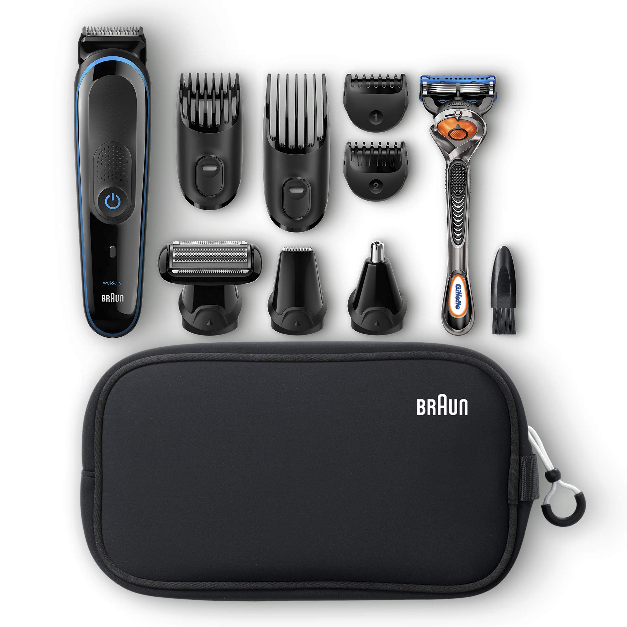 Braun Hair Clippers for Men, 9-in-1 Beard, Ear & Nose Trimmer, Body Grooming Kit, Cordless & Rechargeable with Gillette ProGlide Razor, Black/Blue, 9 Piece Set