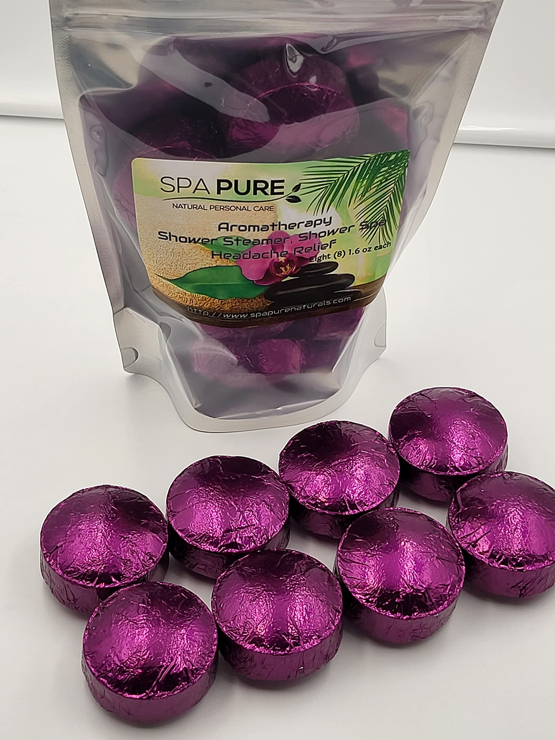 Spa Pure Headache Relief Aromatherapy: Shower Bombs USA Made with 100% Natural/Organic Essential Oils - Lavender, Eucalyptus - Transform Your Shower (8 Count) Pack of 1