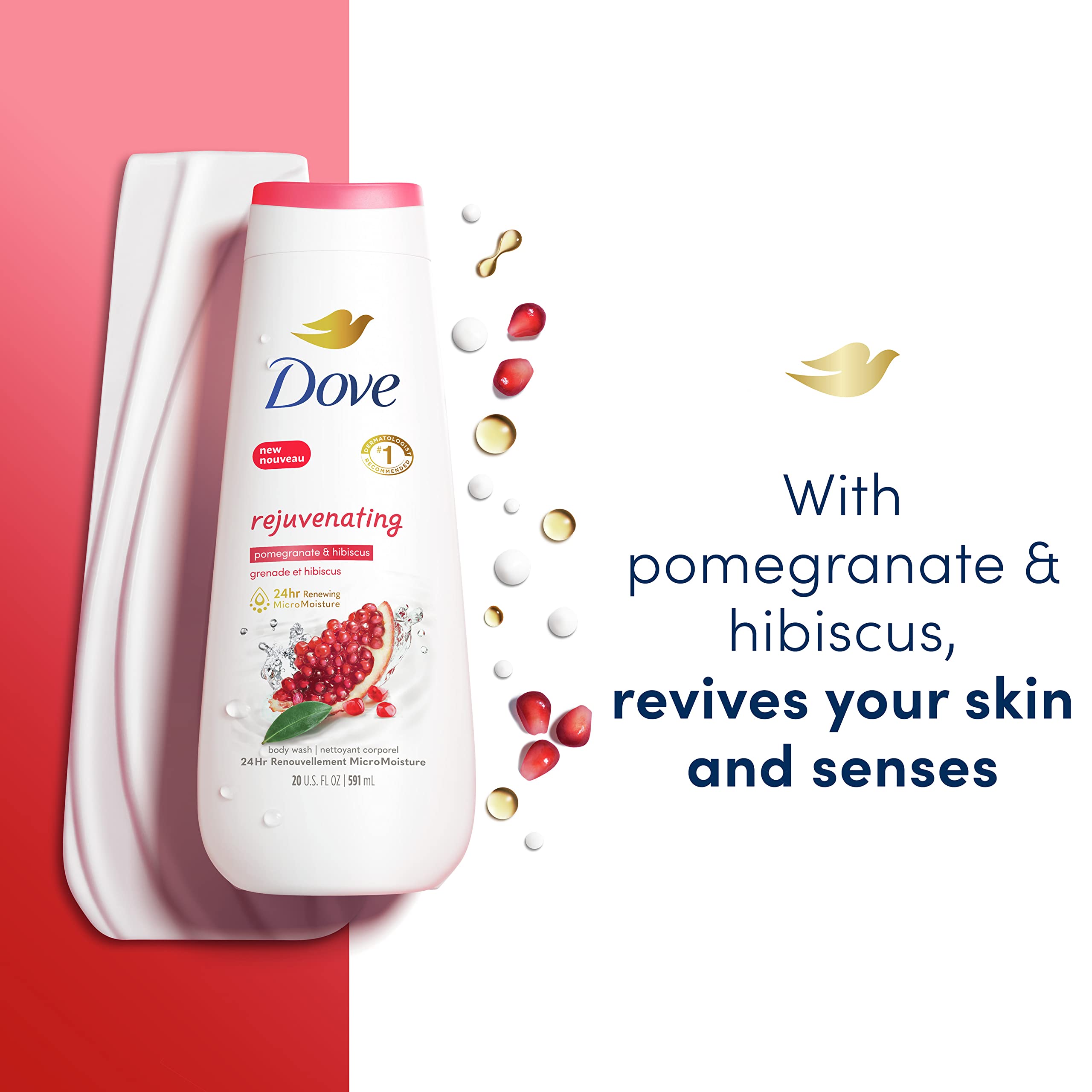 Dove Body Wash Rejuvenating Pomegranate & Hibiscus 4 Count for Renewed, Healthy-Looking Skin Gentle Skin Cleanser with 24hr Renewing MicroMoisture 20 oz