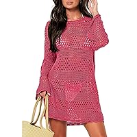 Pink Queen Women's Crochet Cover Ups Hollow Out Swimsuit Bathing Suit Bikini Coverup Knit Mesh Beach Dress