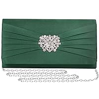Evening Bags For Women Pleated Satin Rhinestone Brooch Prom Clutch Purse With Detachable Chain Strap