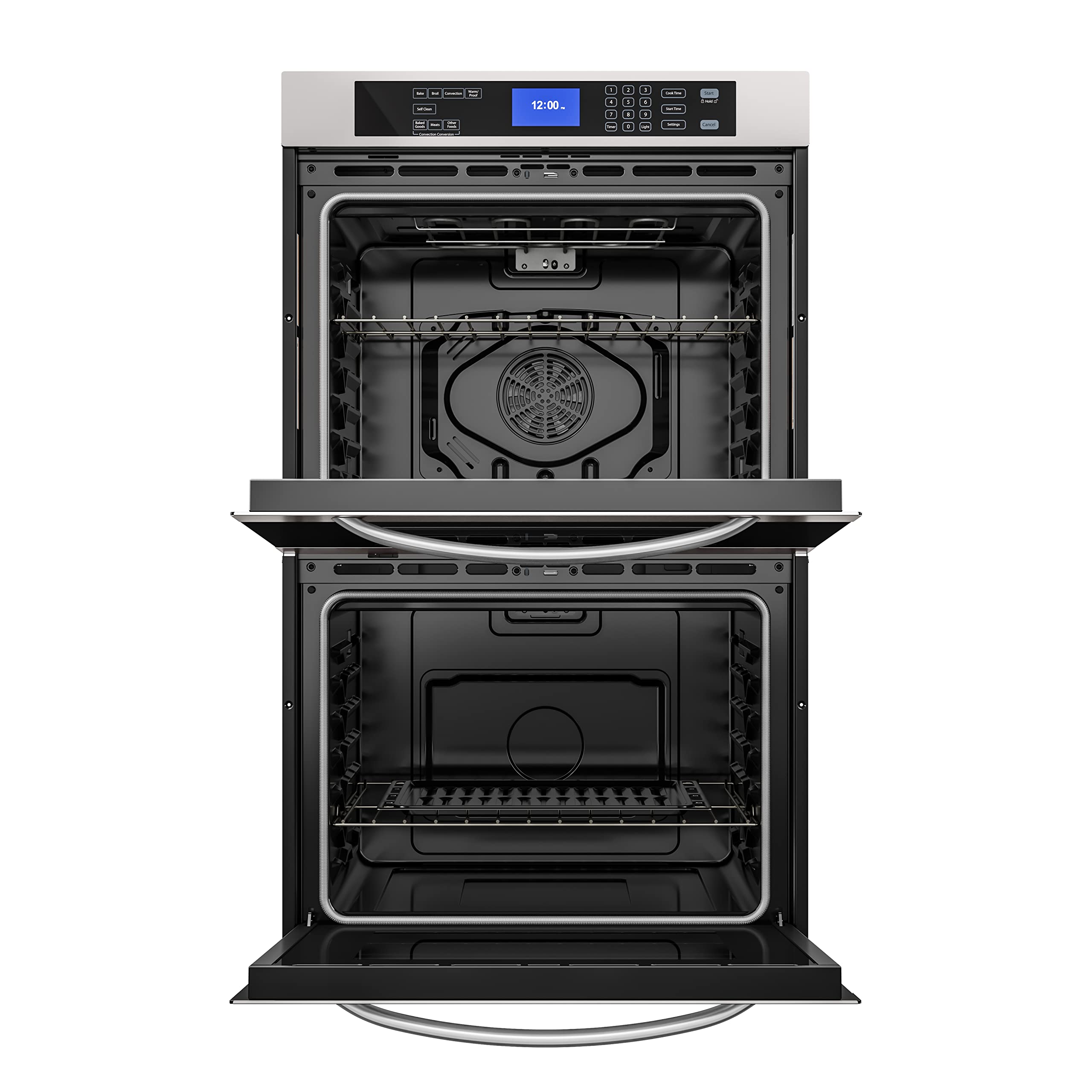 KoolMore KM-WO30D-SS 30-Inch Electric 5 Cu.Ft. Premium Double Wall Quiet, Rapid Convection, 7 Cook and Baking Modes, Dual Large Capacity Ovens, Stainless-Steel Unit, Self-Cleaning, Silver
