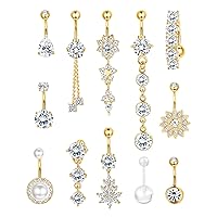 FIBO STEEL 14G Belly Button Rings Dangle 316L Stainless Steel Belly Rings for Women Navel Piercing Jewelry 12 Pcs