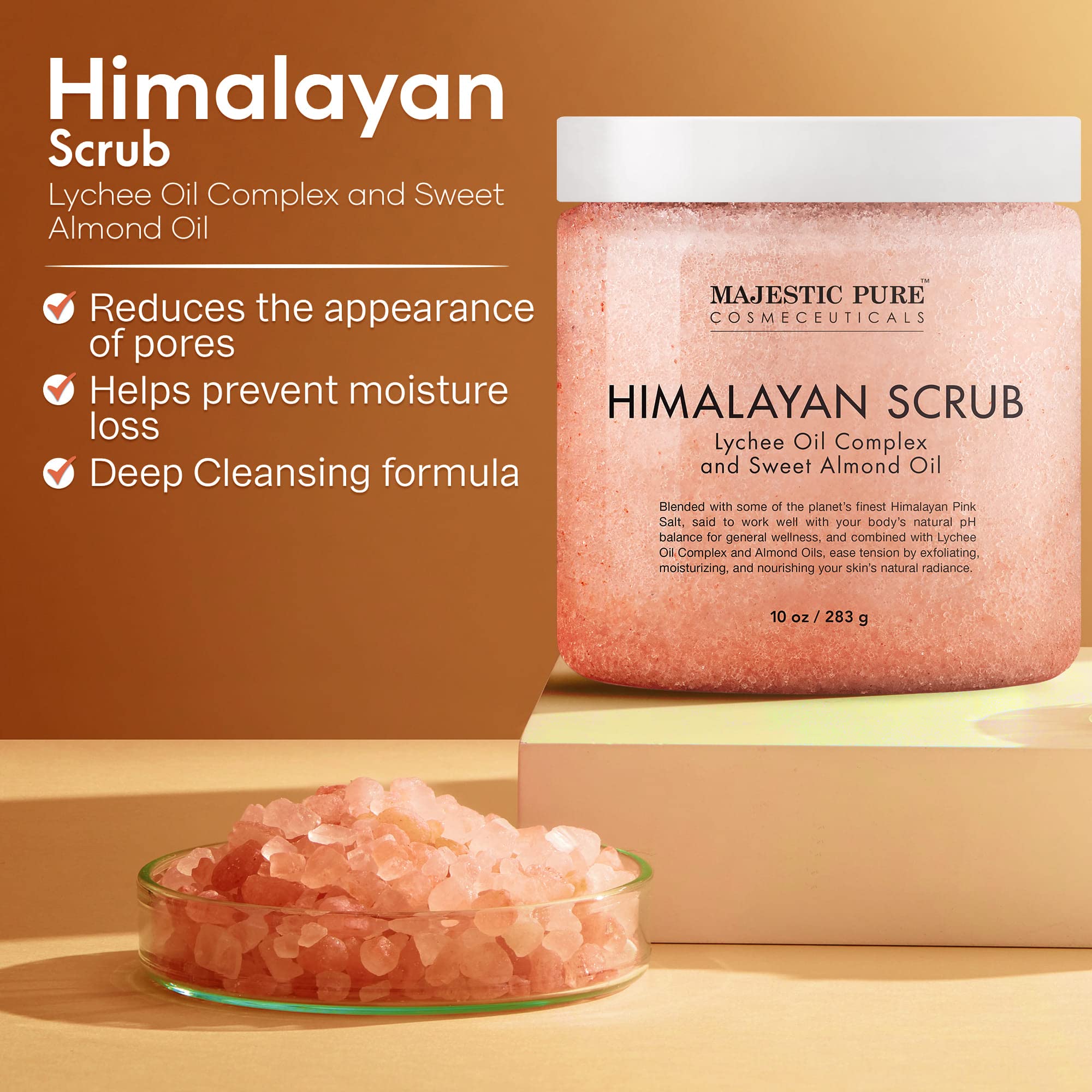 MAJESTIC PURE Himalayan Salt Body Scrub with Lychee Oil, Exfoliating Salt Scrub to Exfoliate & Moisturize Skin, Deep Cleansing - 10 oz