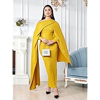 Women's Dress Asymmetrical Neck Cloak Sleeve Dress (Color : Yellow, Size : Large)