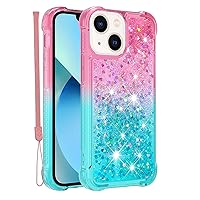 Compatible with iPhone 13 Case Cute, Clear Ultra Thin Soft TPU Bling Liquid Champagne Quicksand Flowing Floating Shockproof Phone Back Protector Cases with Hand Strap Girls Pink Blue Love Heart