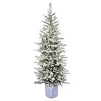 Puleo International Pre-Lit Potted Flocked Arctic Fir Pencil Artifical Artificial Christmas Tree, Green, 301-PTO9760-60LW120