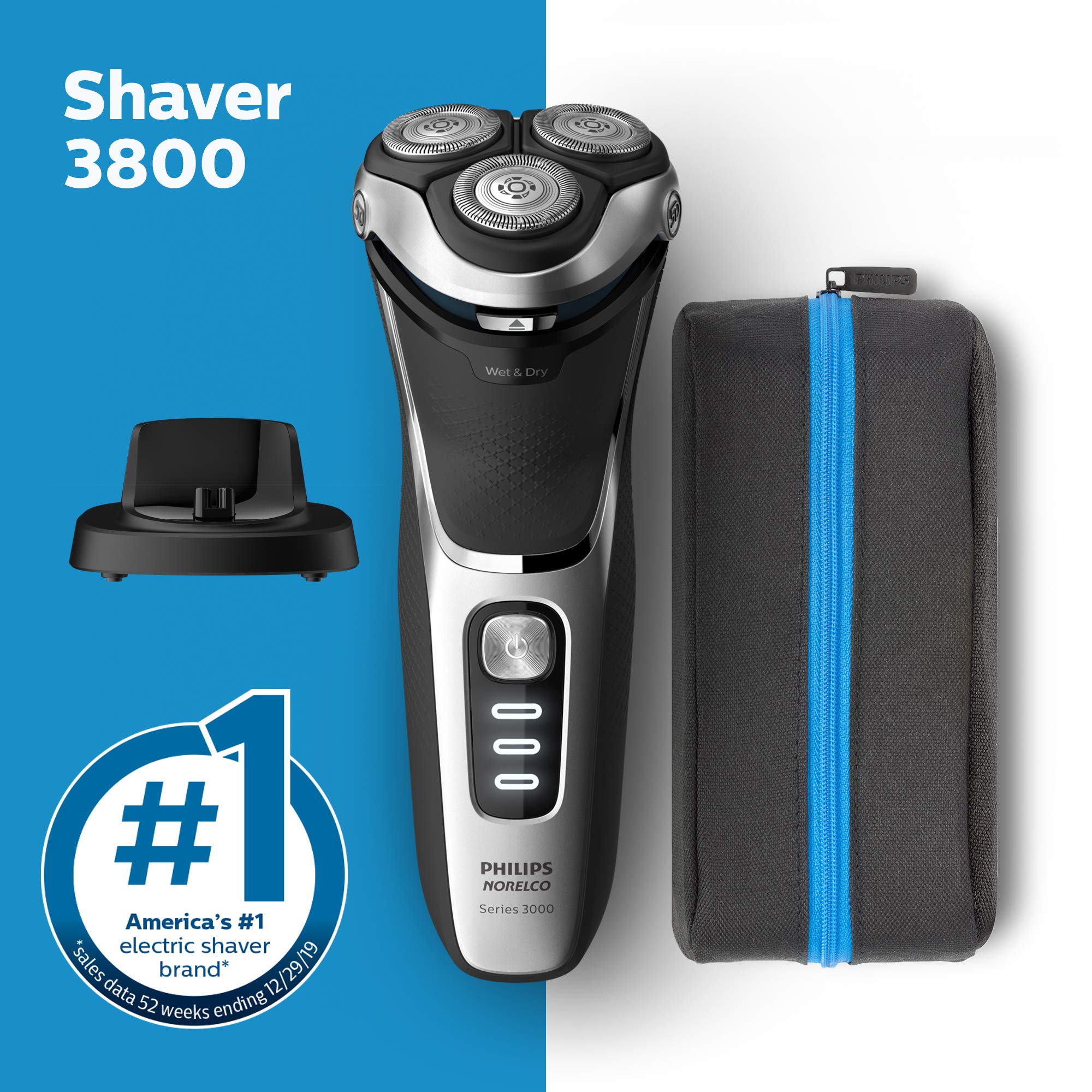 Philips Norelco Exclusive Shaver 3800, Rechargeable Wet & Dry Shaver with Pop-up Trimmer, Charging Stand and Storage Pouch, S3311/85