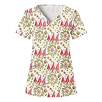 Christmas Working Uniforms for Women Patterned V-Neck Tank Top Holiday Short Sleeve T Shirts for Teen Girls