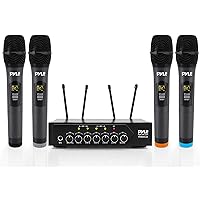 Pyle Portable UHF Wireless Microphone System - Battery Operated Four Bluetooth Cordless Microphone Set with 50 Channels Selectable Frequency, Receiver Base, AUX, PA Karaoke DJ Party - Pyle PDWM4120