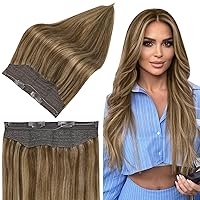 Full Shine Wire Hair Extensions Real Human Hair Fish Line Hair Extensions Medium Brown Highlight Honey Blonde Mixed Medium Brown Extensions Secret Hairpiece 14 inch 70g for Women