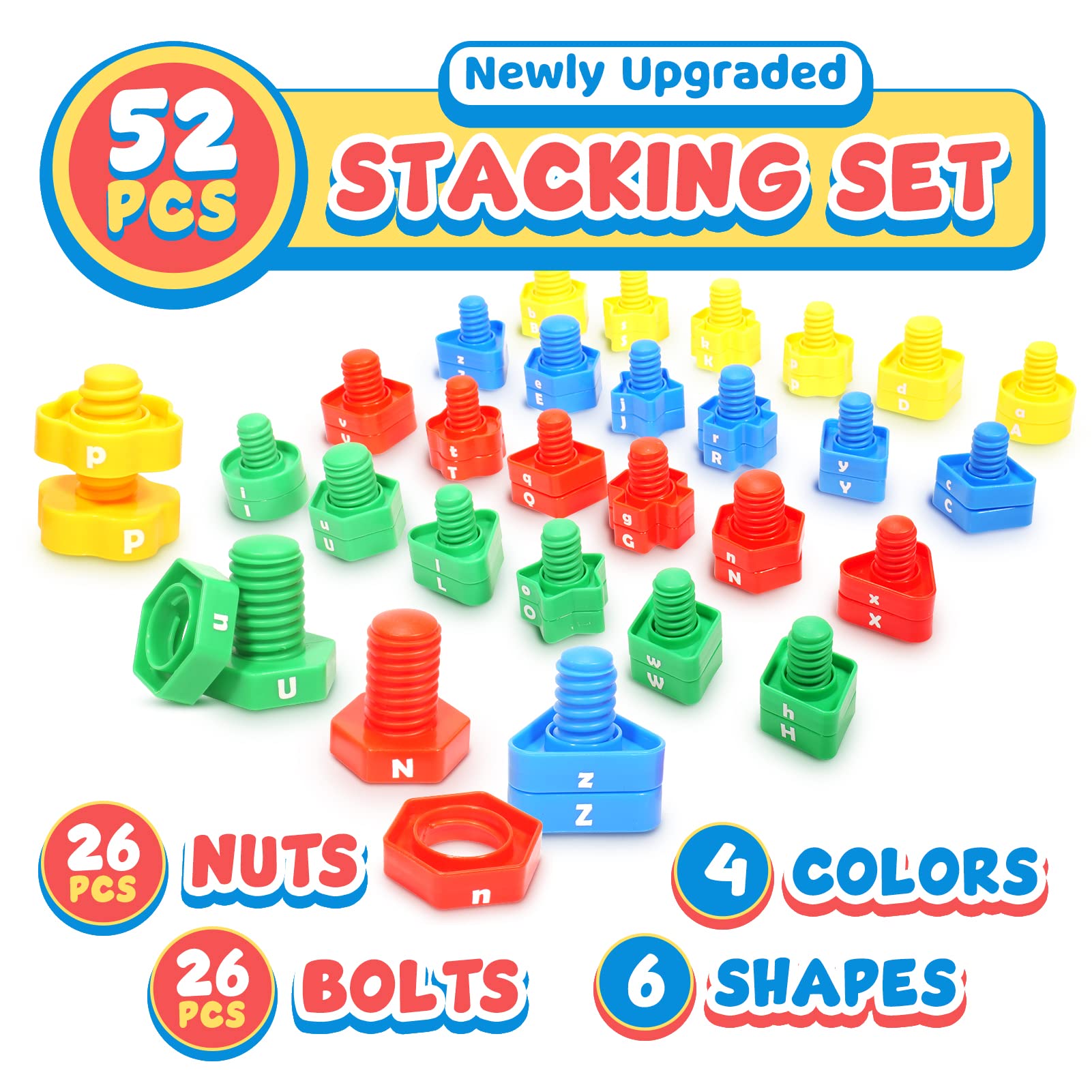 Letters Learning Matching Game Fine Motor Skills Toy for Toddlers, 26 Alphabet Learning Toys, 52 Pcs Nuts and Bolts Stacking Toys, ABC Letters Preschool Educational Montessori Toys for Kids