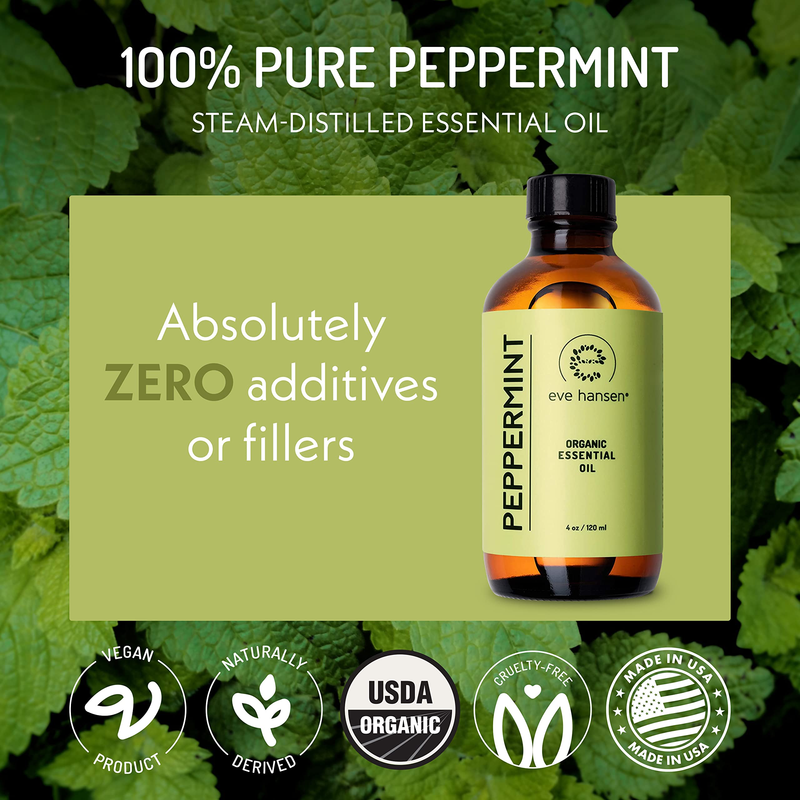 Eve Hansen USDA Certified Organic Peppermint Essential Oil | Huge 4 oz Mentha PIPERITA Essential Oil for Aromatherapy | Aromatherapy Oil for Diffuser and Pure Essential Oil for Home Use